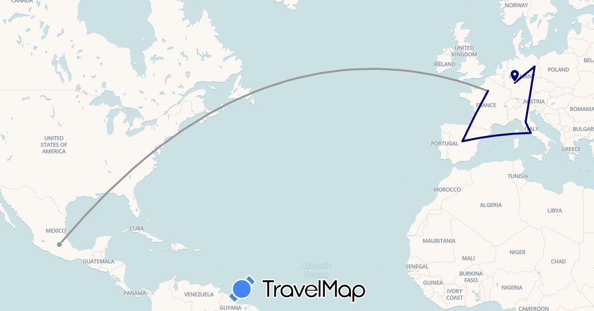 TravelMap itinerary: driving, plane in Germany, Spain, France, Italy, Mexico (Europe, North America)